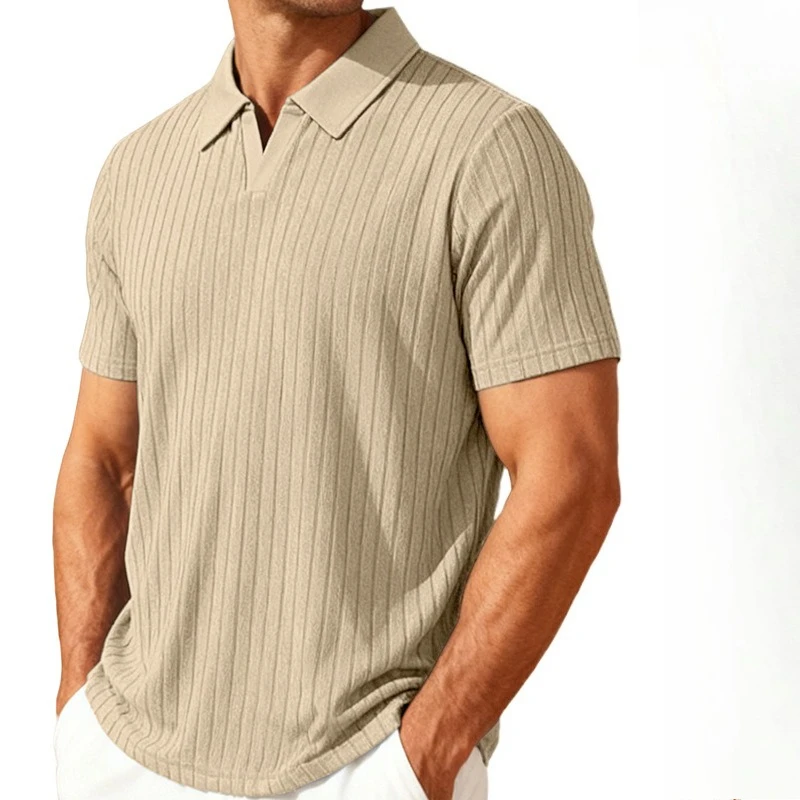 Stylish Men's Striped Jacquard Short Sleeved Lapel Shirt for Summer Breathable Casual Office Tshirt Summer Slim Versatile Tshirt