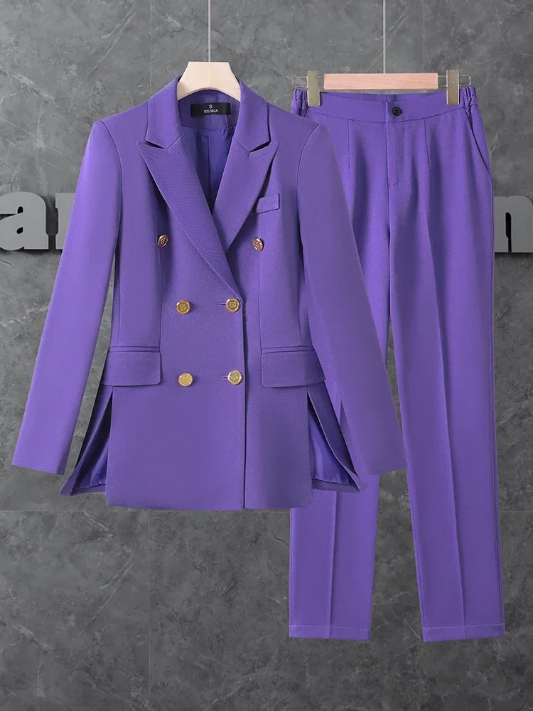 Blazer chic et formel à double boutonnage pour femme, pantalon imbibé de violet et de rose, vêtements de travail d'affaires élégants, ensembles de 2 pièces