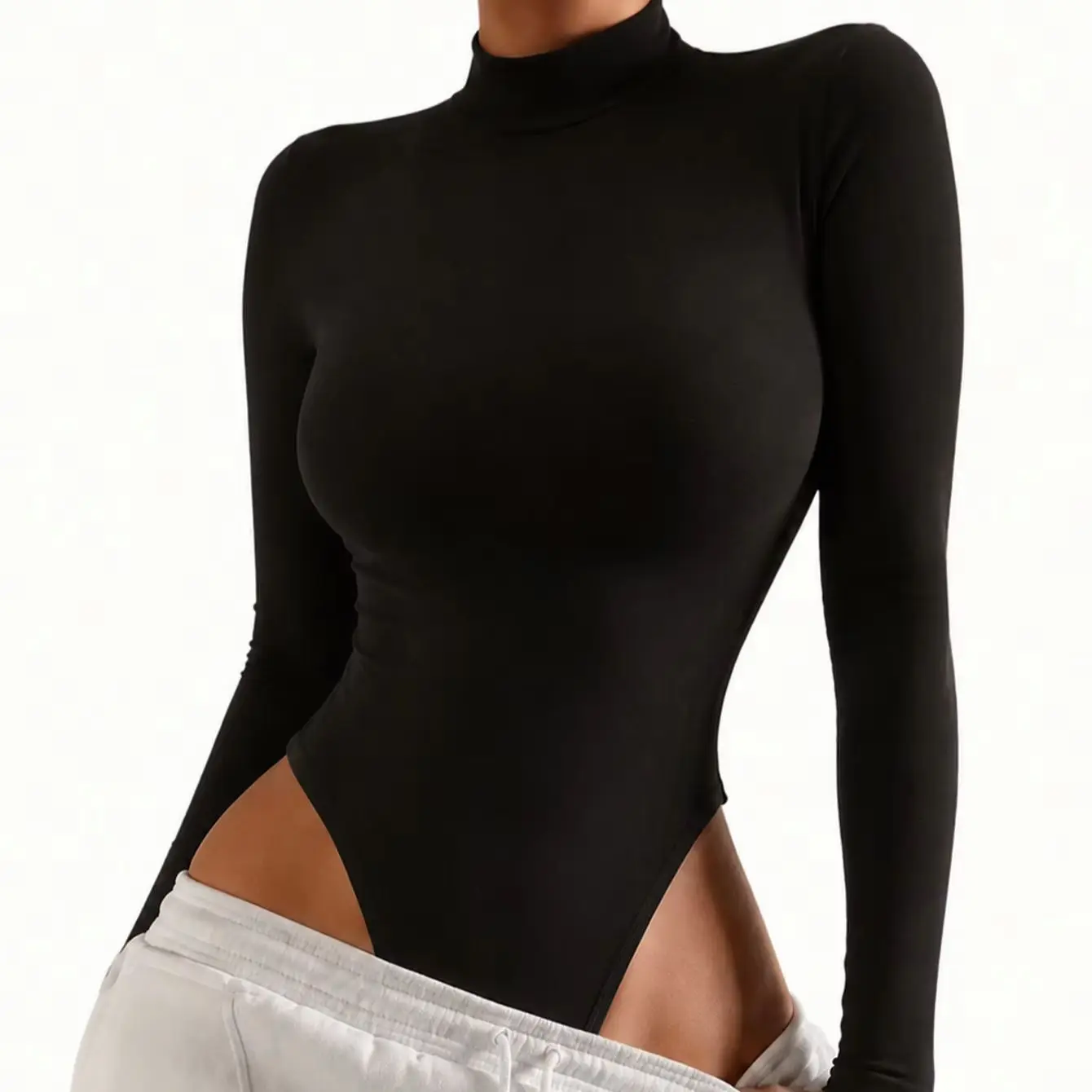 Damen Einfarbiger Rollkragen-Langarm-Bodysuit für Frühling/Sommer Tägliche Unterwäsche Basis-Schichtkleidung mit Bauchkontrolle – Detail 4