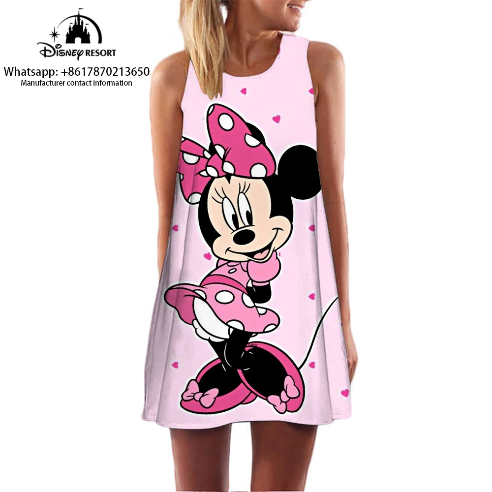 Women\'s Knee-length Dress Mickey Mouse Cartoon Print Summer Home Casual Dress Cute Minnie Pattern Sleeveless Dress