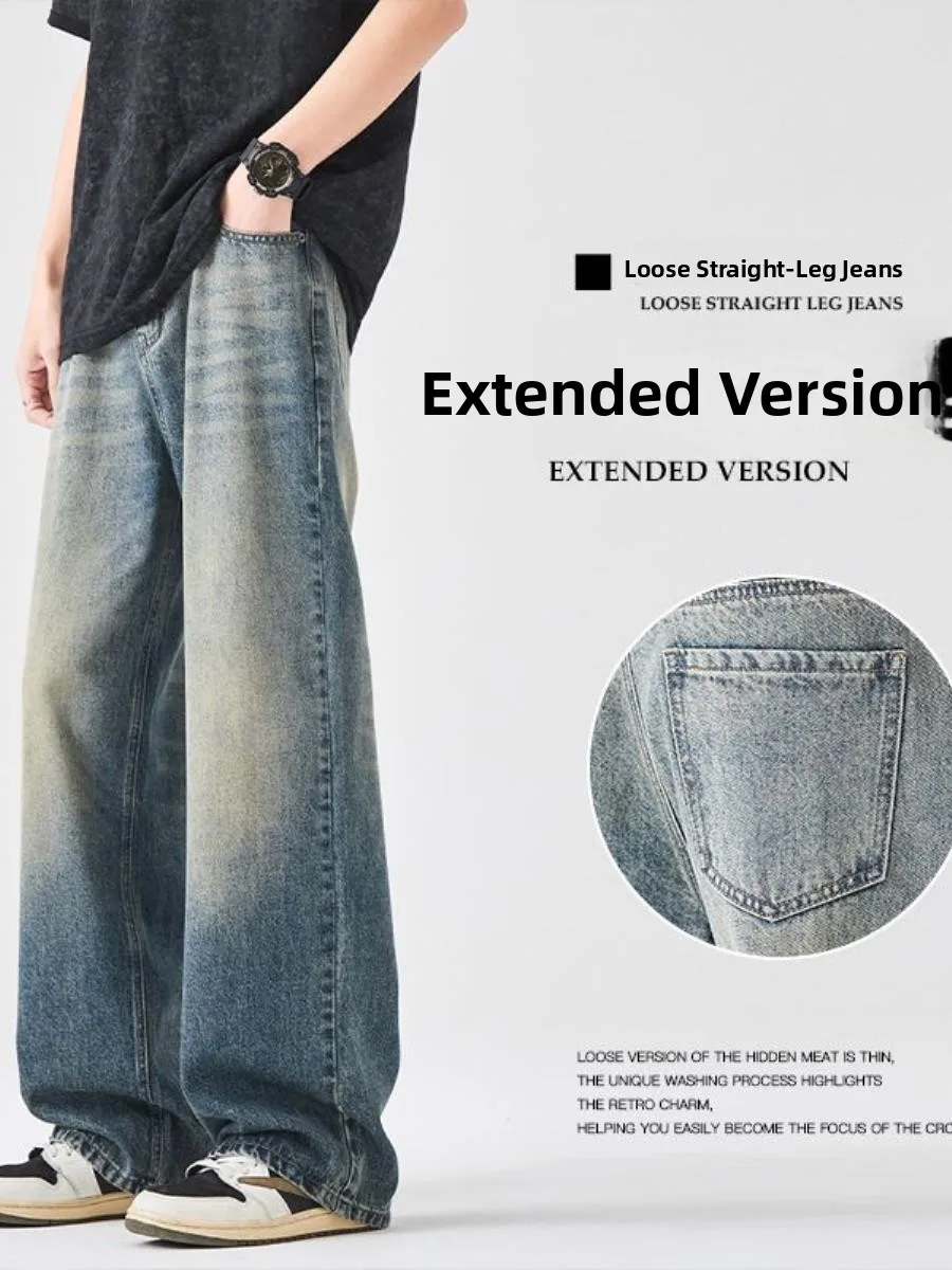 

Tall Men's Loose Straight Leg Jeans Drape Smooth Extended Length Retro Straight Leg Denim Pants mid Waist Waed Casual Jeans