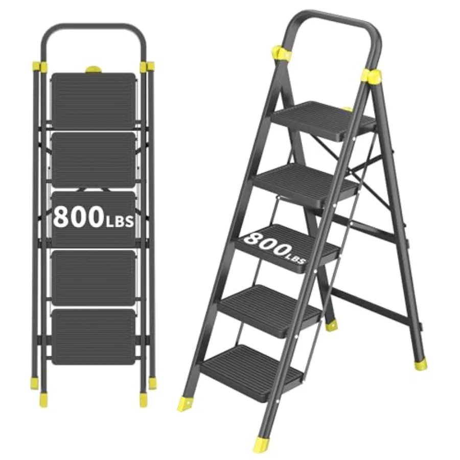 

5-ступенчатая складная стремянка-табурет с ручкой, широкими противоскользящими ступенями, нагрузка до 360 кг, для дома, кухни, взрослых, черно-желтая
