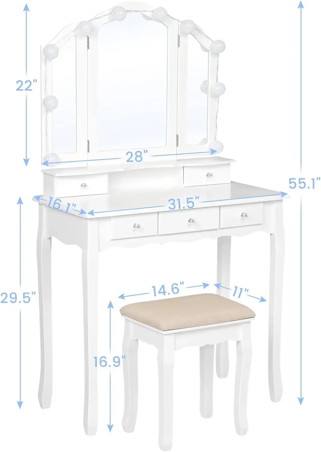 Trucco Vanity con luci, Vanity Desk con specchio illuminato e sgabello, Set da tavolo con 5 cassetti, 3 impostazioni di luce