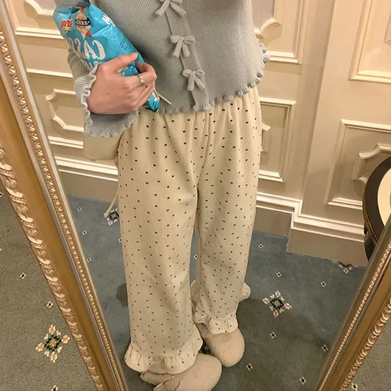 Corduroy Broken Flowers Wide-Leg Casual Pants Autumn Winter Stylish Ruffles Spliced Women's Clothing Loose Sweet Basic Trousers