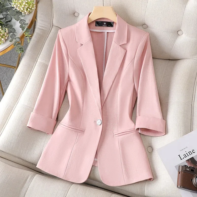 

Ladies Women Blazer Spring New Professional Half Sleeve Jacket Solid Color Simple Party Coat Blue Black Yellow Pink