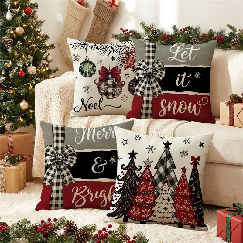 VIKAMA Let It Snow Cushion Cover Buffalo Check Bow Letter Print Pillowcase No Insert Included for Living Room Office Home Decor