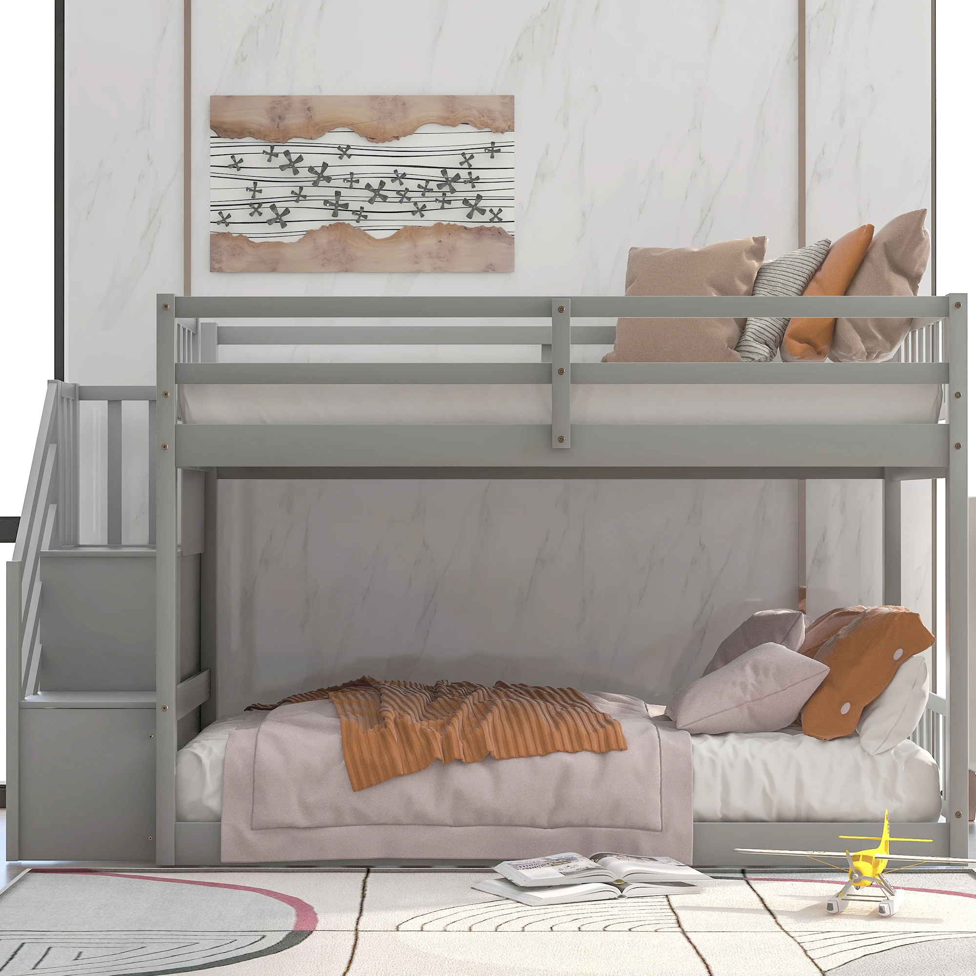 

Gray Solid Pine Twin Over Full Bunk Bed with Staircase and Storage Drawer, Convertible Bunk Bed for Kids Bedroom