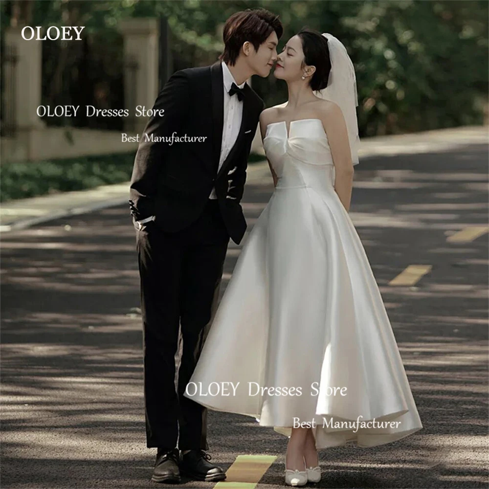 OLOEY Simple A Line Korea Wedding Dresses Photoshoot Satin Bolero Ankle Length Strapless Bride Dress Corset Back Marriage Custom