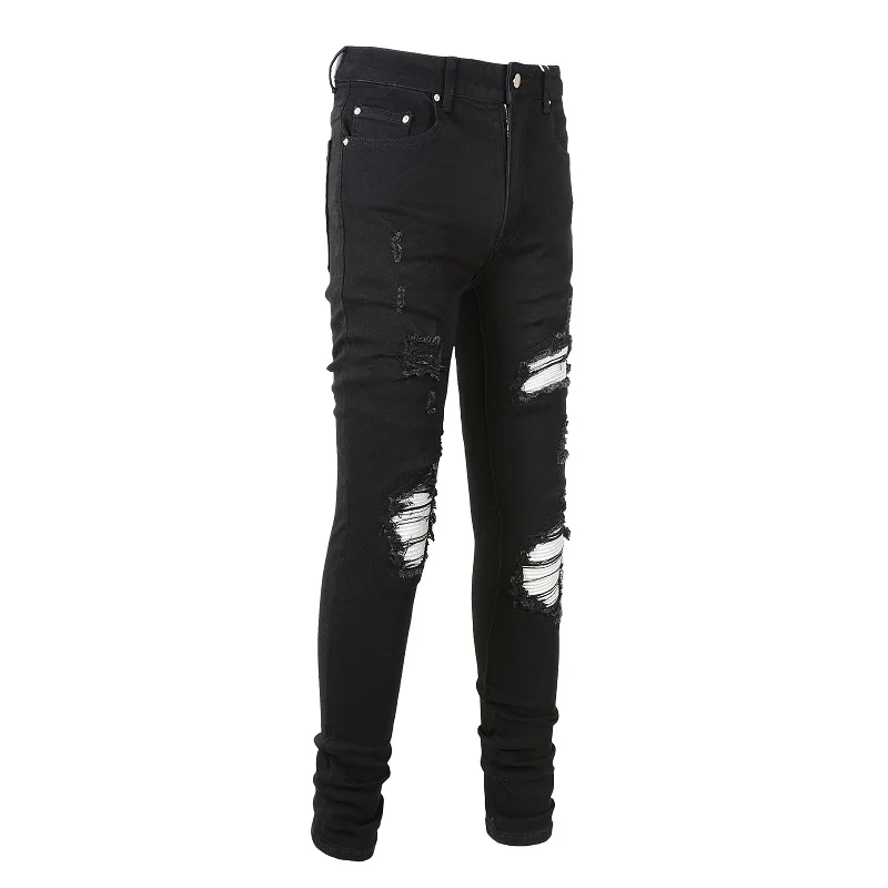 Herren Jeans mit Silber-Leder-Patches, Streetwear, Skinny Tapered Stretch Denim Hose mit Löchern, Ripped Patchwork Schwarze Hose – Detail 4