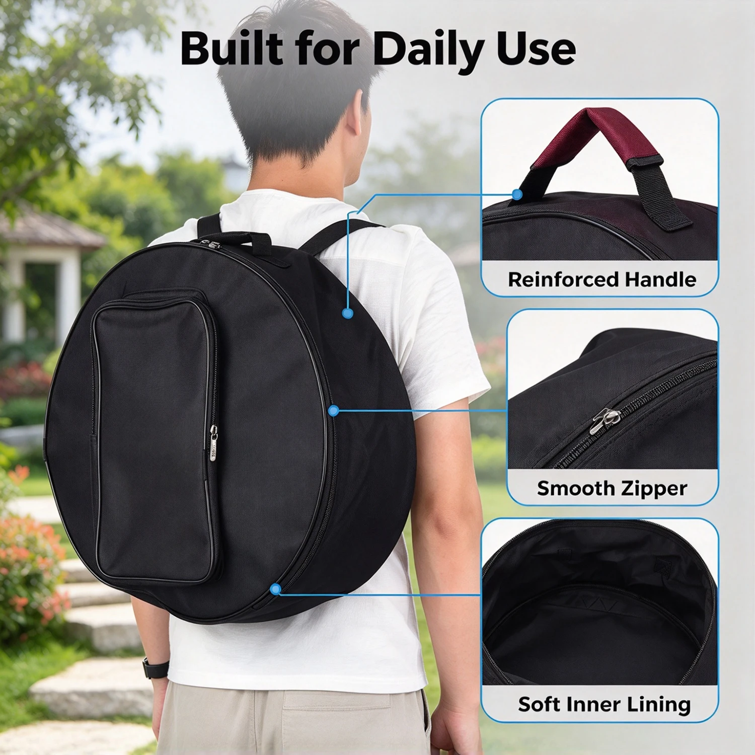 Funda tipo mochila compacta para batería de caja, bolsa redonda para transportar herramientas con correa para el hombro y bolsillos exteriores, accesorios para instrumentos musicales.