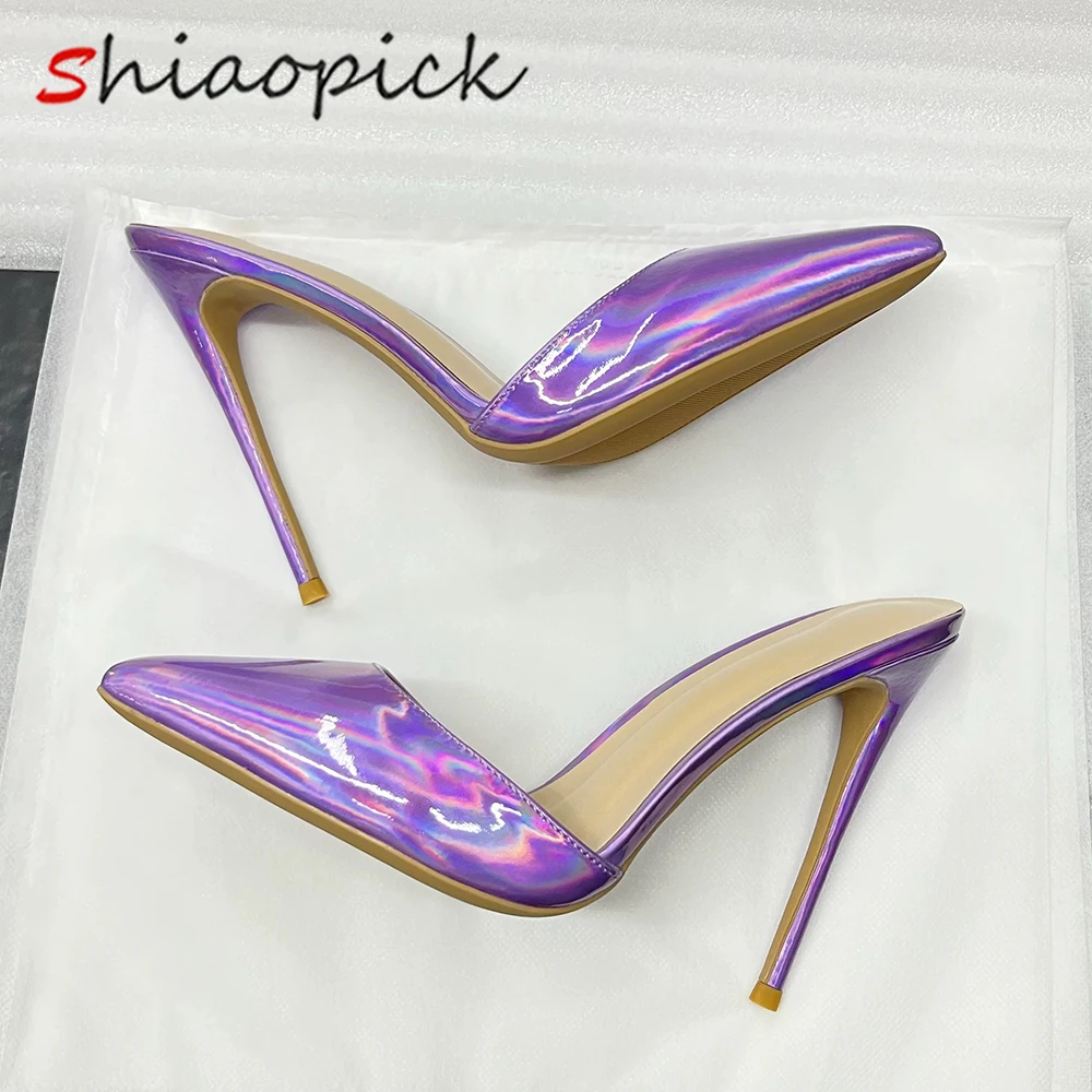 

12cm Super High Heel Casual Laser Purple Women Slipper Slingback Elegant Stilettos Vacation Sandal Dress Pointed Toe Shoes