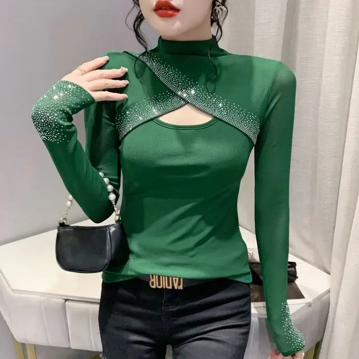 

Spring Autumn New Fashion Hot Diamond Mesh T-shirt Women's Long Sleeve Hollow Top Solid Color Half High Neck Bottoming Shirt