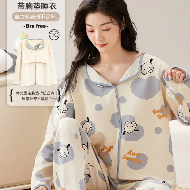 Sanrio Pacha dog with chest pad cartoon printed pure cotton pajamas women's autumn and winter long-sleeved cardigan loungewear