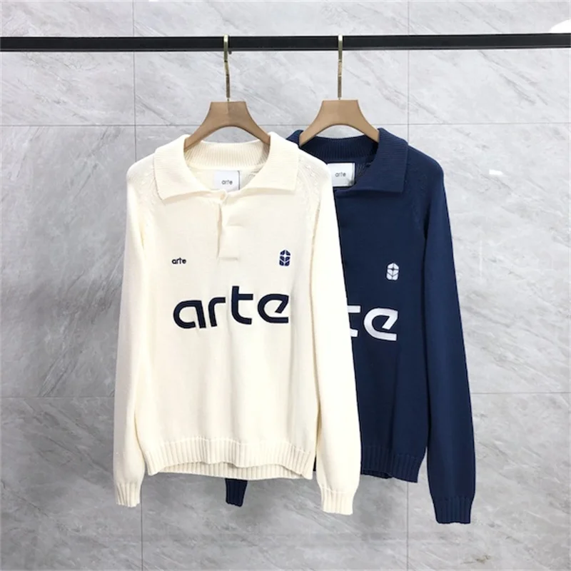 

High Quality Letter Jacquard Knitted Sweater Unisex Arte Sweater Loose Casual Lapel Long Sleeved Pullover Top