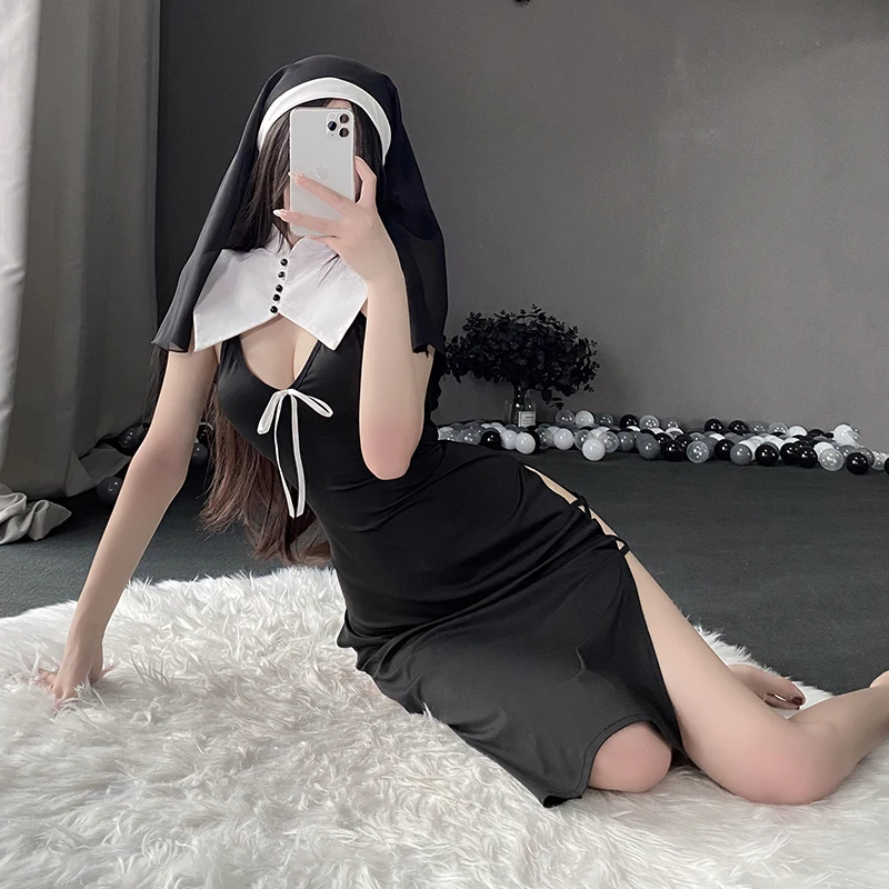 OJBK Nun Role Play Maid Cosplay Costume Suit Women Sexy Lingerie Dress Anime Nun Headgear Halloween Black Hollow Passion Uniform