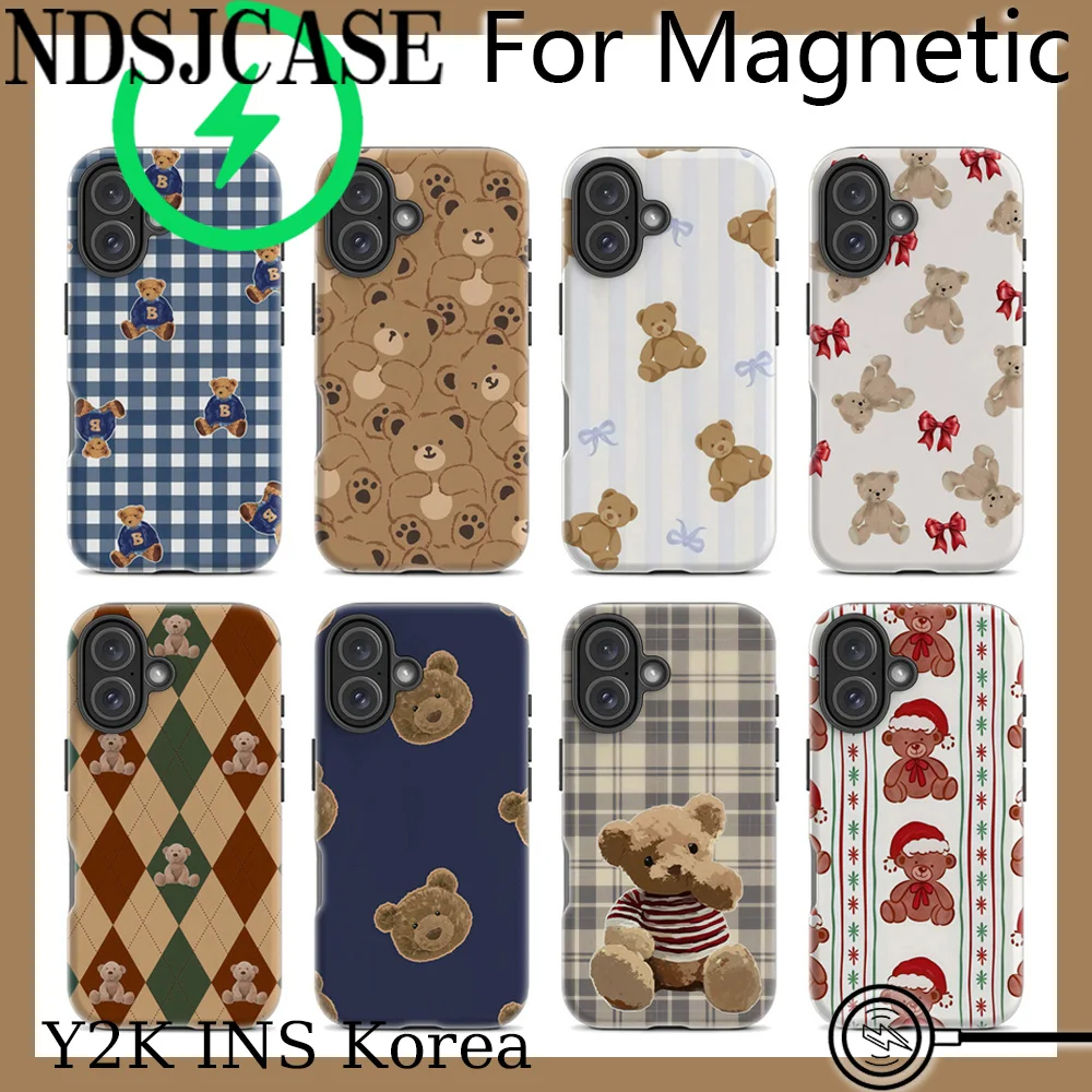 Magnetic Phone Case for iPhone 17 16 15 14 13 12 11 Pro Max Plus Air Double-layer Back Cover Luxury Clmj Plaid Teddy Bears Cool