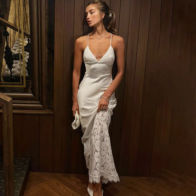 

Ticketsx Vintage White Lace Dress New Deep V Neck Hollow Out High Waist Slim Long Dress Sexy Backless Luxury Party Evening Dress