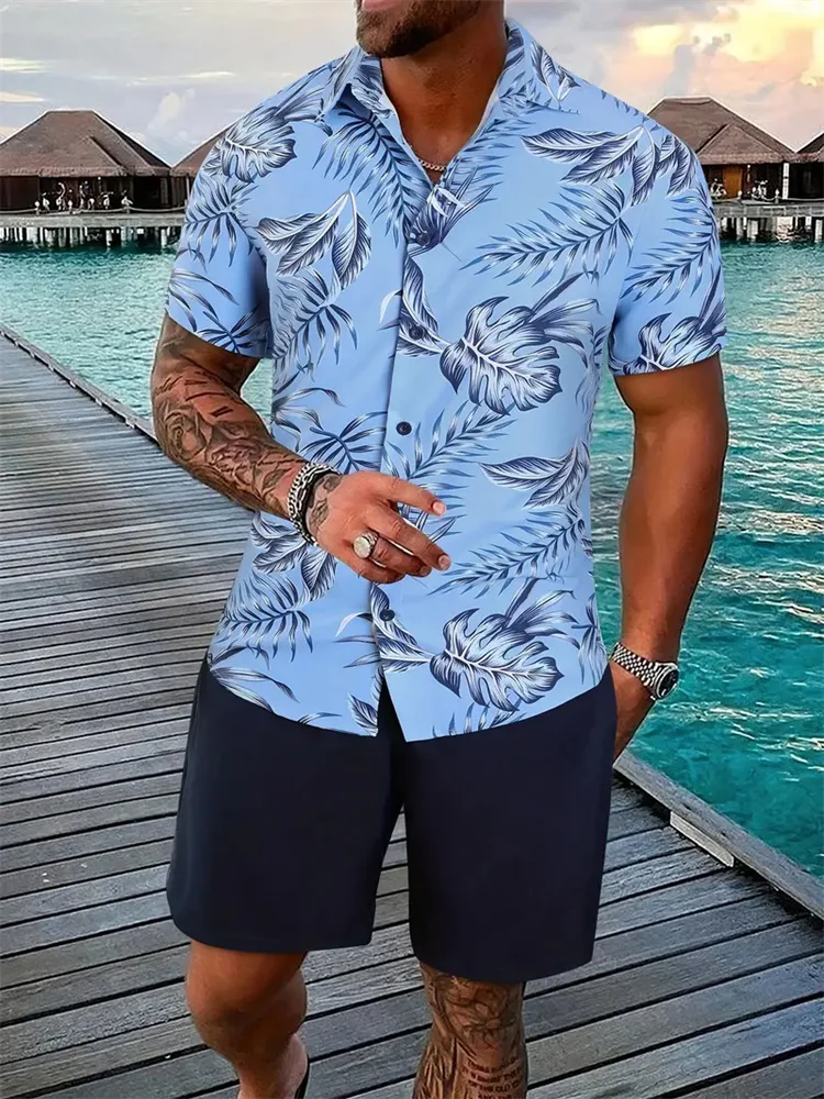 2024 New Men\'s Shirt Short Sleeve Shorts Set Elegant Mens Printed Lapel Short Sleeve Summer Casual Beach Street Holiday Clothing