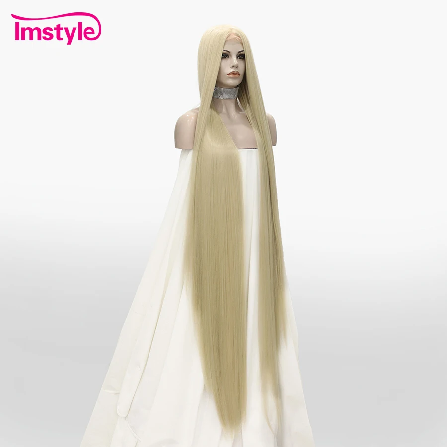 Peruca dianteira de renda sintética imstyle para mulheres, super longa, loira, preta, cabelo liso, resistente ao calor, perucas de cosplay, 60"