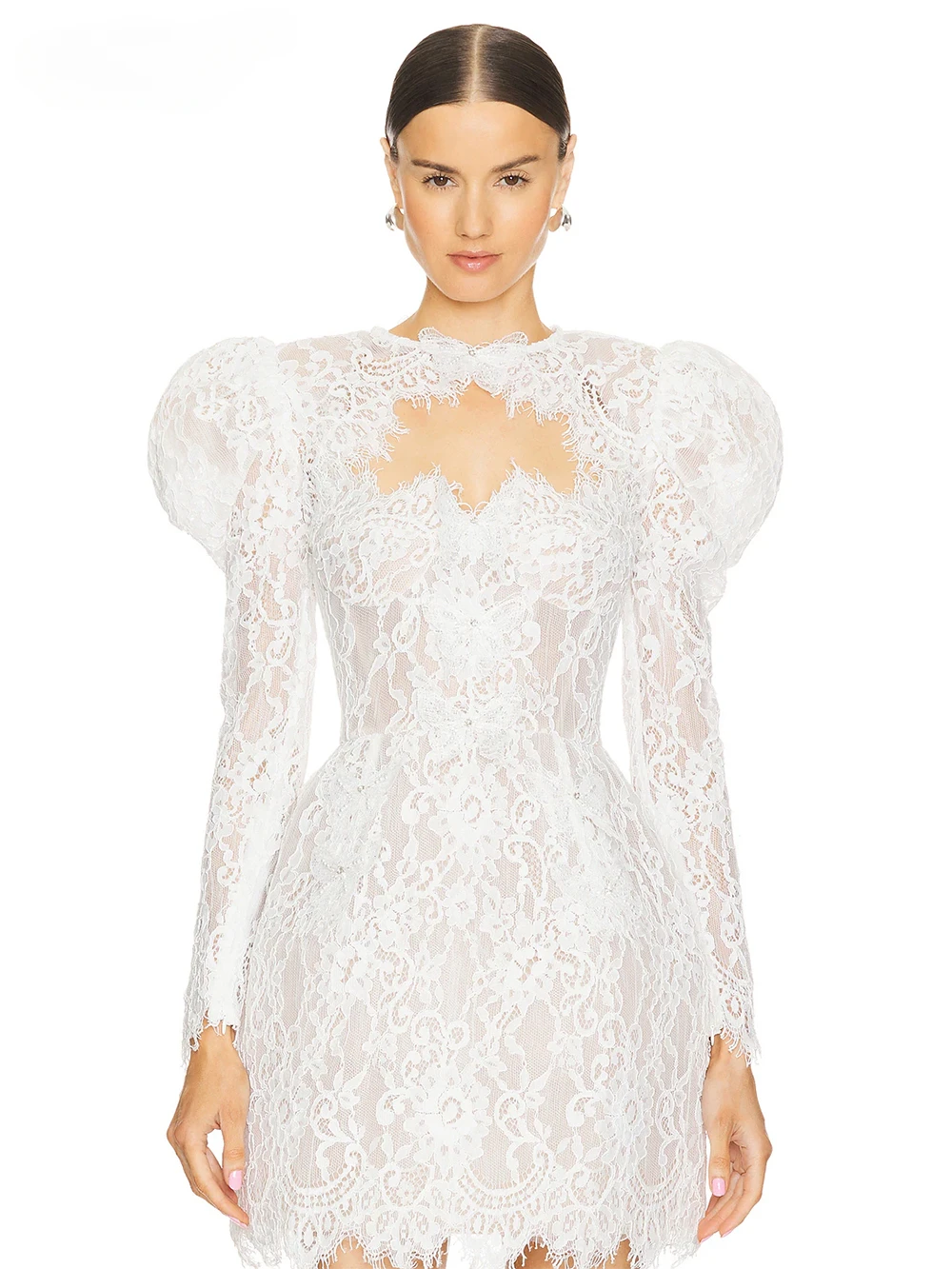 

Women Transparent Lace Floral Tight Mini Dress Luxury 2024 White Fashion Sexy Long Sleeves Birthday Party Elegant Gowns