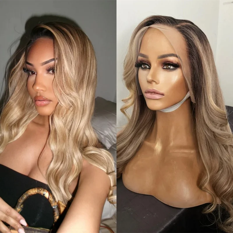 Women's Wig Ombre Creamy Ash Blonde Highlight Wig with Roots Synthetic HD Lace Front Wig Glueless Hairline Party Daily Cosplay