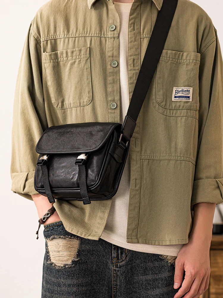 Fashion trend high quality genuine leather men's black shoulder bag casual designer handmade real cowhide teens crossbody bag