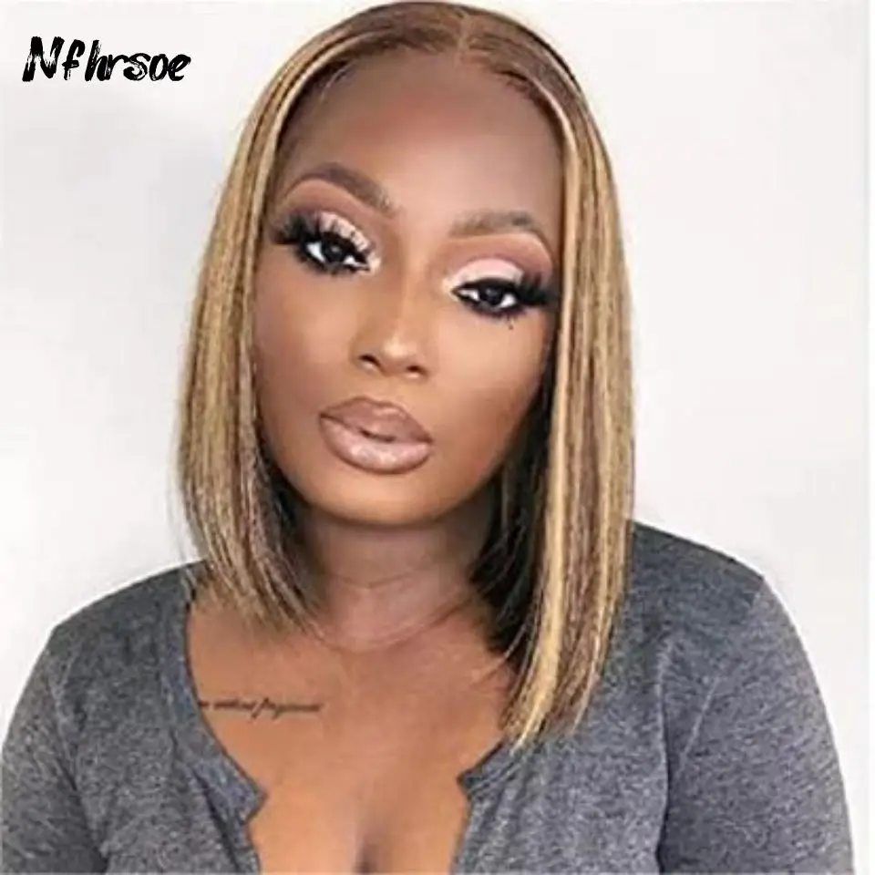 

Парик из бразильских натуральных волос 200% плотности для женщин, с мелированием светло-коричневого цвета, прямой, короткий, боб, с прозрачной HD-сеткой 13x4, парик с фронтальным кружком из кружевной сетки.