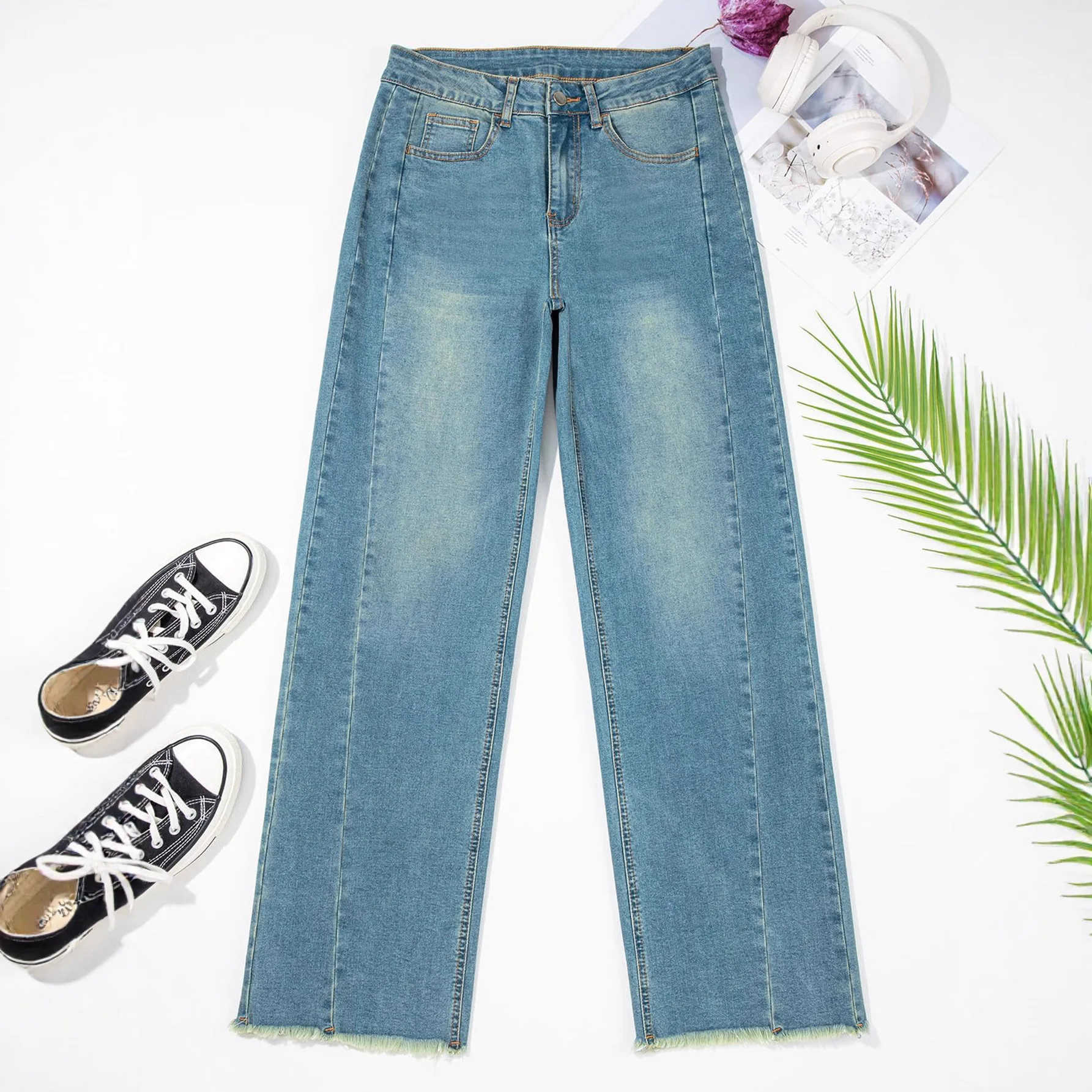 الدنيم السراويل النساء الجينز ميدي الخصر مستقيم السراويل الجينز جيوب عادية لصق بانت غسلها سيدة بسيطة الخريف طفيف تمتد