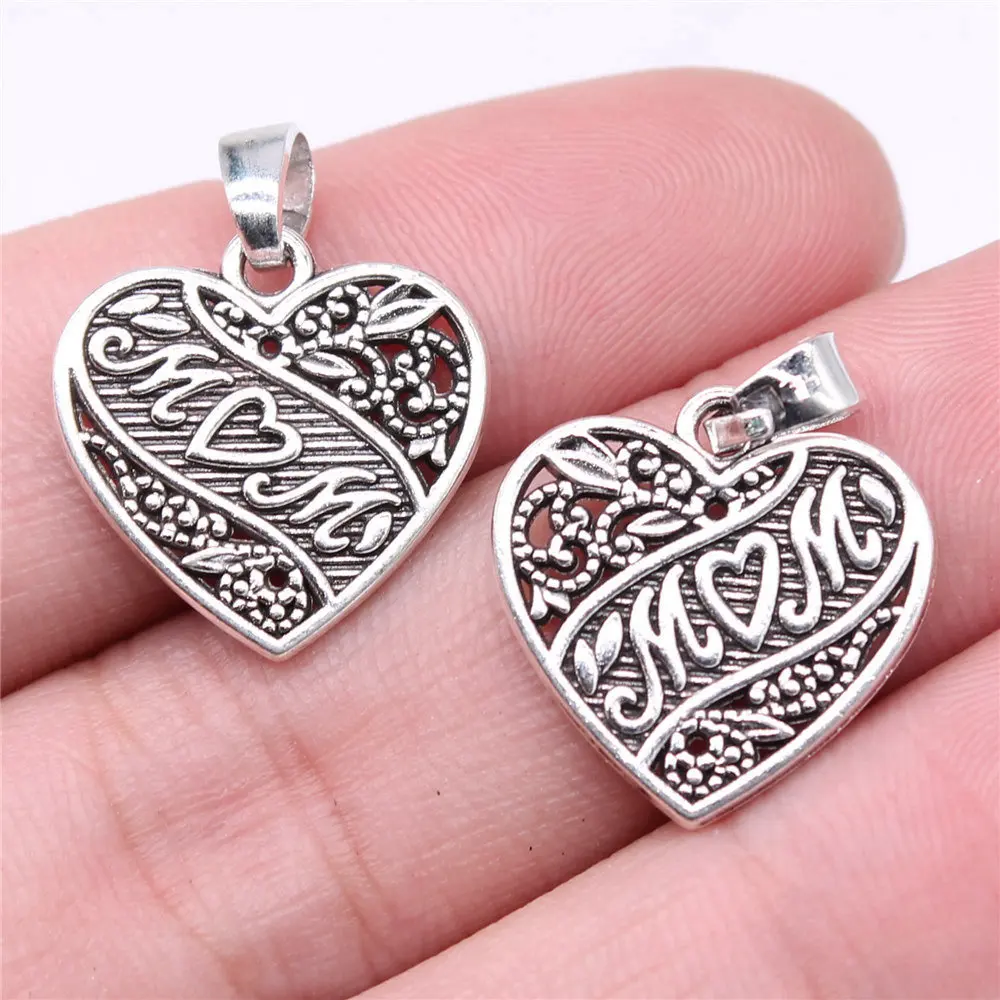 10pcs/lot 18x18mm Mom Heart Charms For Jewelry Making Antique Silver Color 0.71x0.71inch