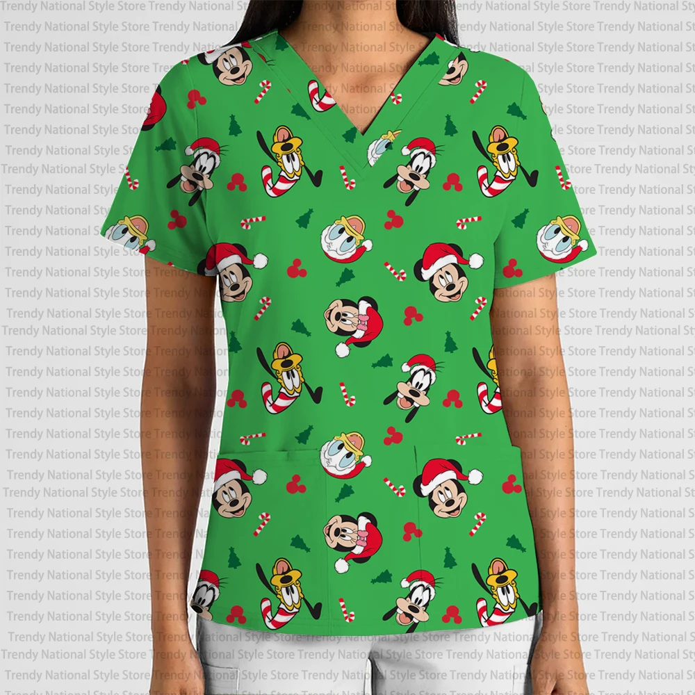 新しいエレガントな女性の作業服クリスマススノーフレークミッキーとミニープリントフロストトップVネックポケットTシャツ付き