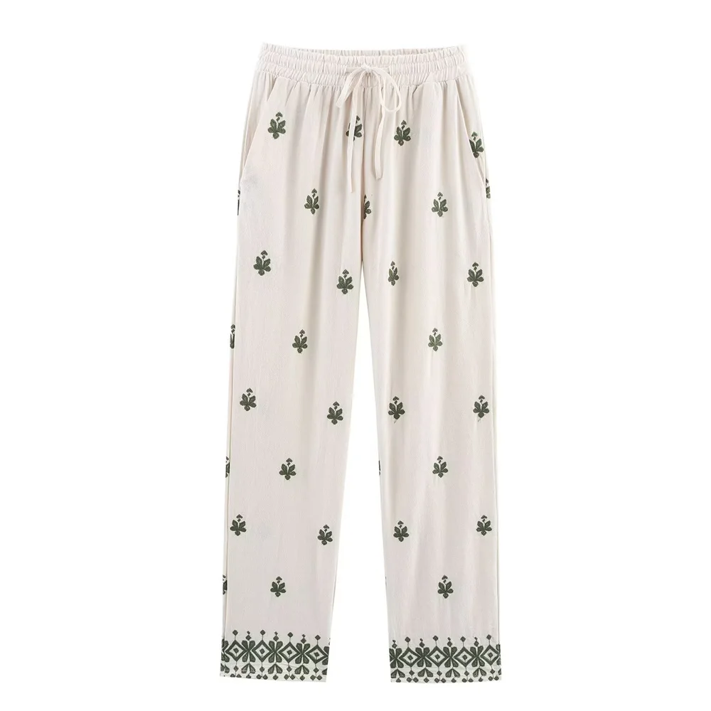 

2025 New Women's Casual Elegant Design with European and American Style, Rural Ethnic Embroidery Wide Leg Pants