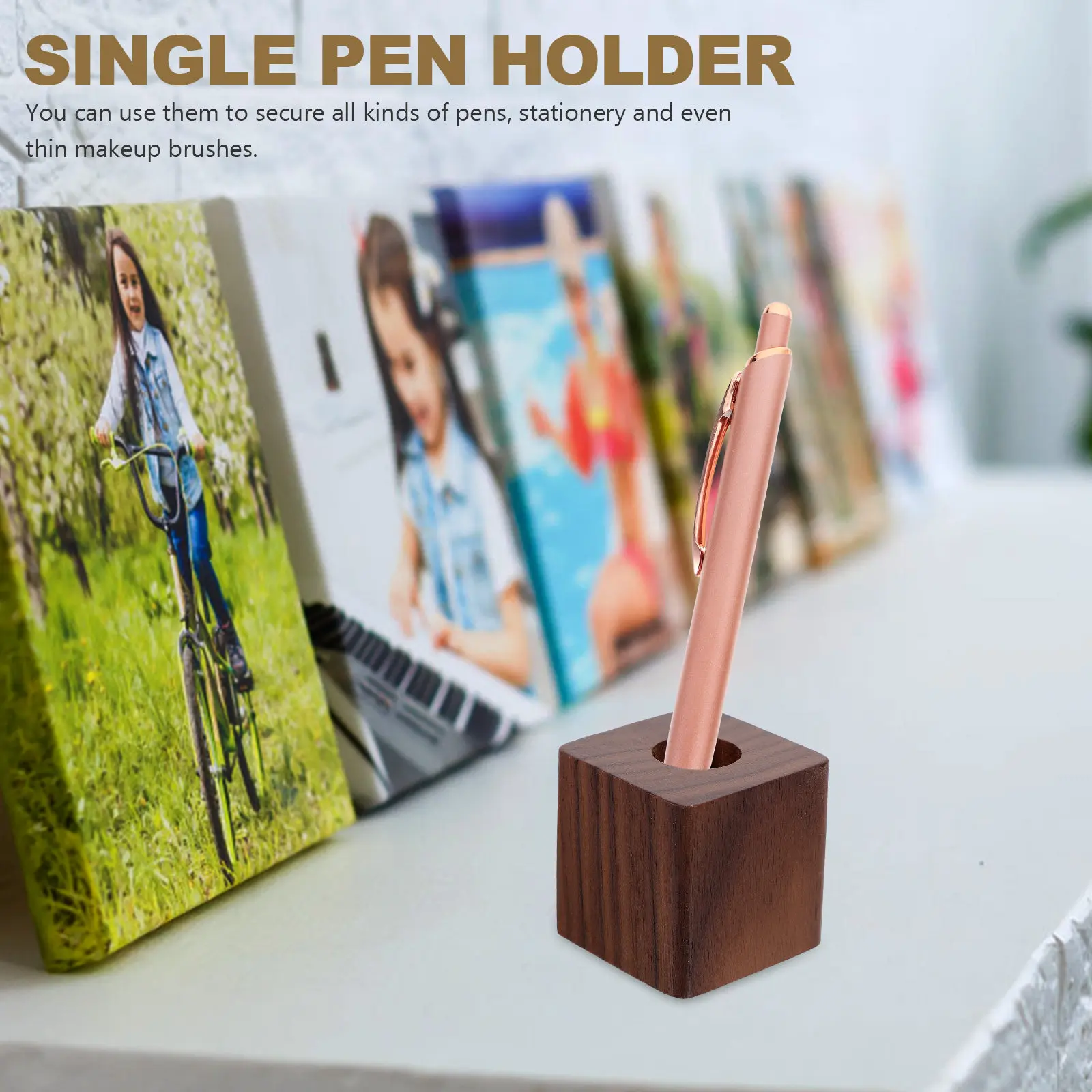 Walnut Wood Pen Stand Holder for Desk – Black Creative Desktop Organizer, Small Size Office Supply