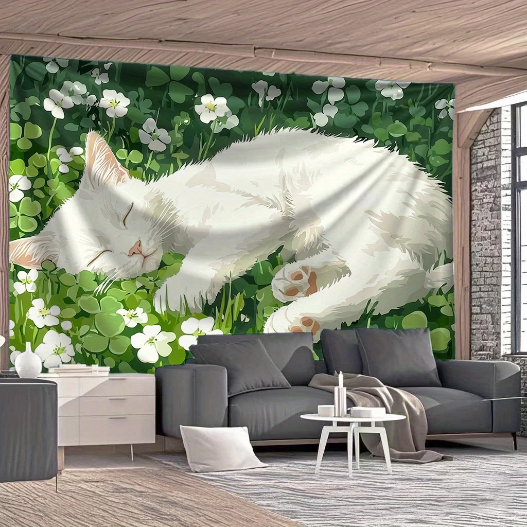 White Cat Sleeping Flowers Tapestry Garden Nature Wall Hanging Cute Decor Living Room Print