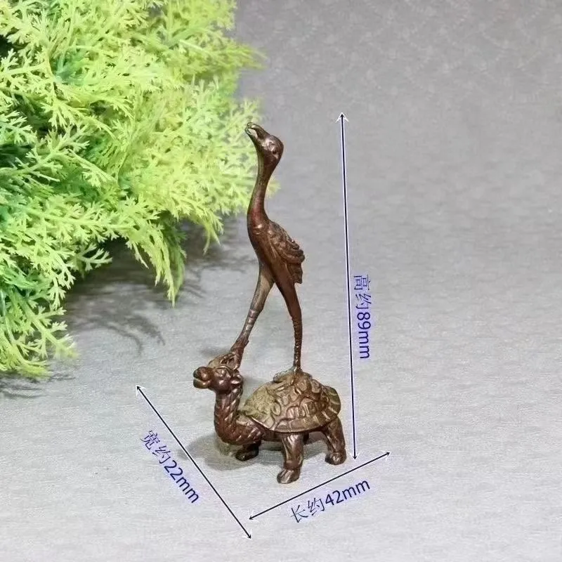Antique Solid Bronze Crane Turtle Figurine, Chinese Vintage Desktop Decor Tea Ceremony Table Ornament Oriental Collectible