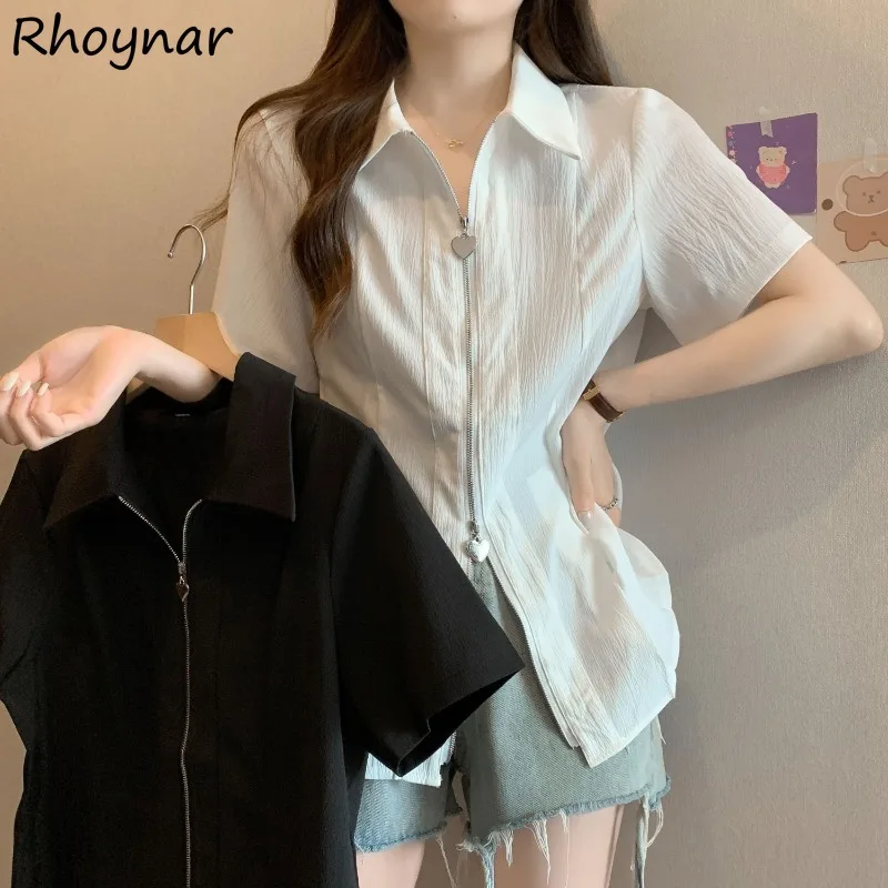 Solid Zipper Shirt Women Short Sleeve Turn Down Collar Slim Defined Waist  Ruched Design Fashion All-match Korean Style Cozy Fit