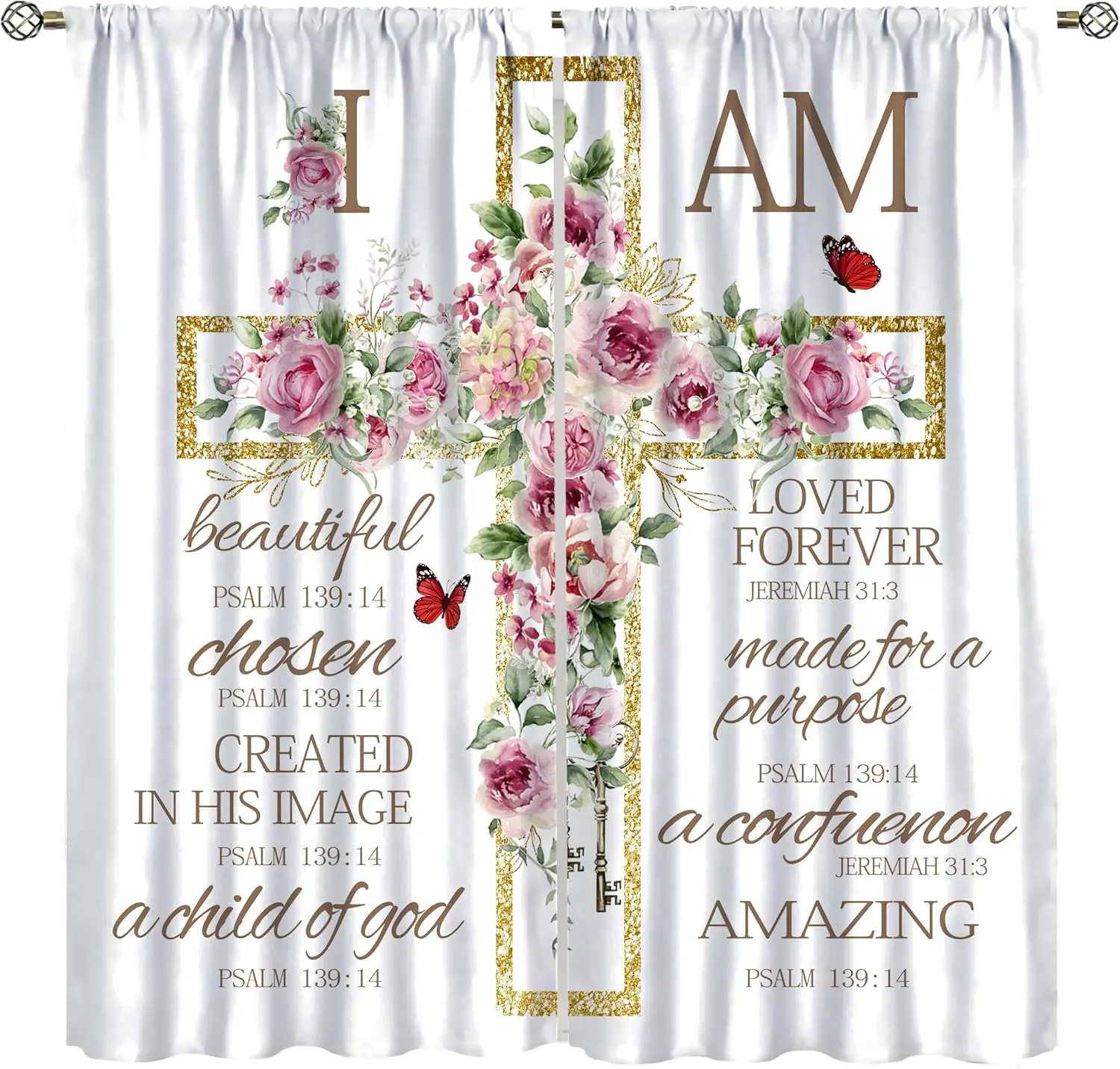 Pink Floral Curtains Christian Shower Curtain Rustic Farmhouse Bible Verse Cross Motivational Quote Country Window Treatments Dr