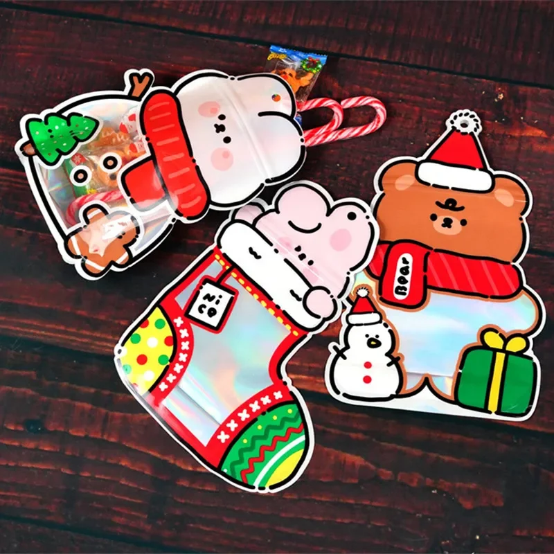 10 szt. Świąteczne skarpetki z motywami z kreskówek, torby na prezenty, opakowania na cukierki i ciasteczka dla dzieci, samozamykające się, dekoracje świąteczne na Boże Narodzenie.