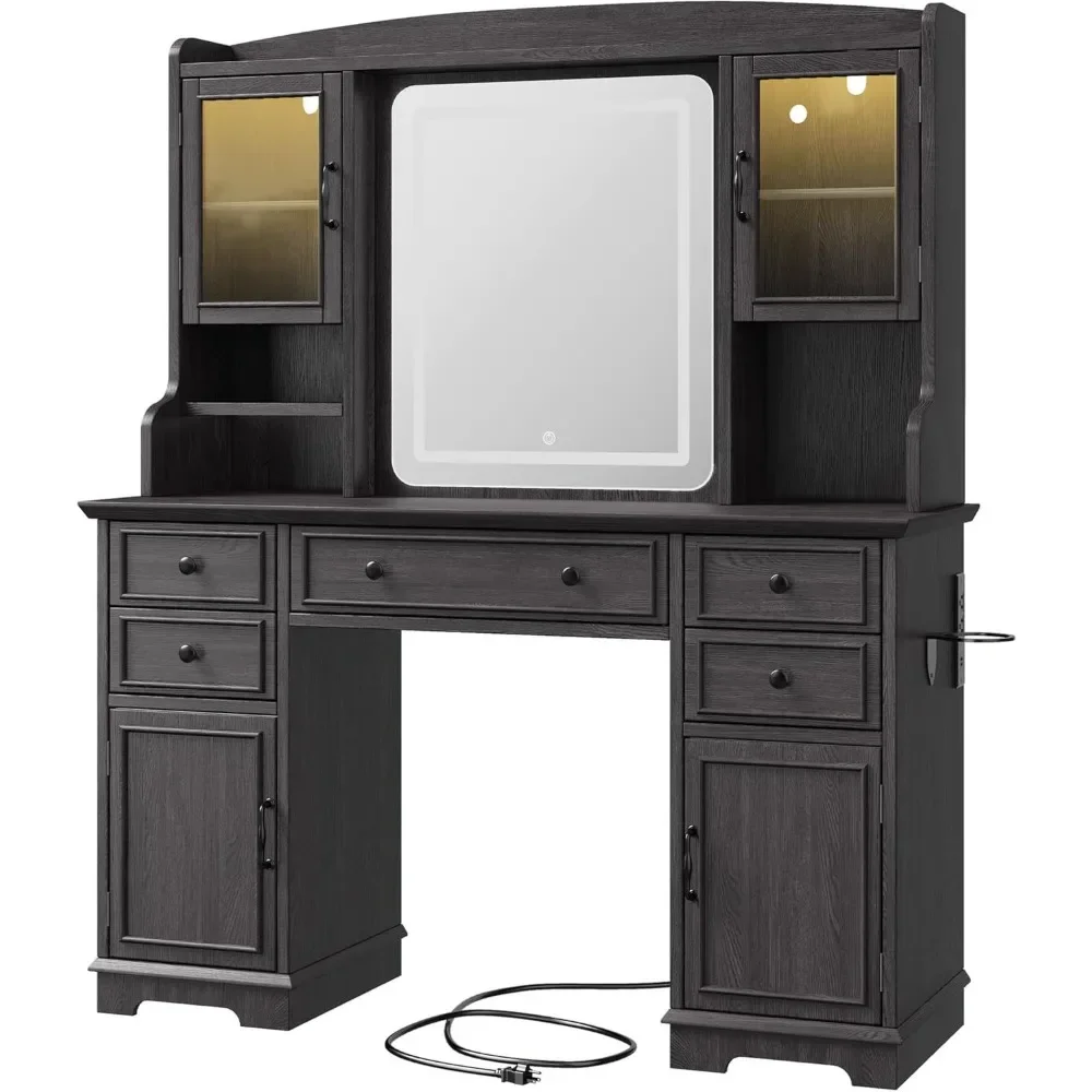 Vanity Desk with Mirror and Lights, Makeup Table Set with RGB Cabinets, 5 Drawers and 6 Storage Shelves Dressing Table image 6