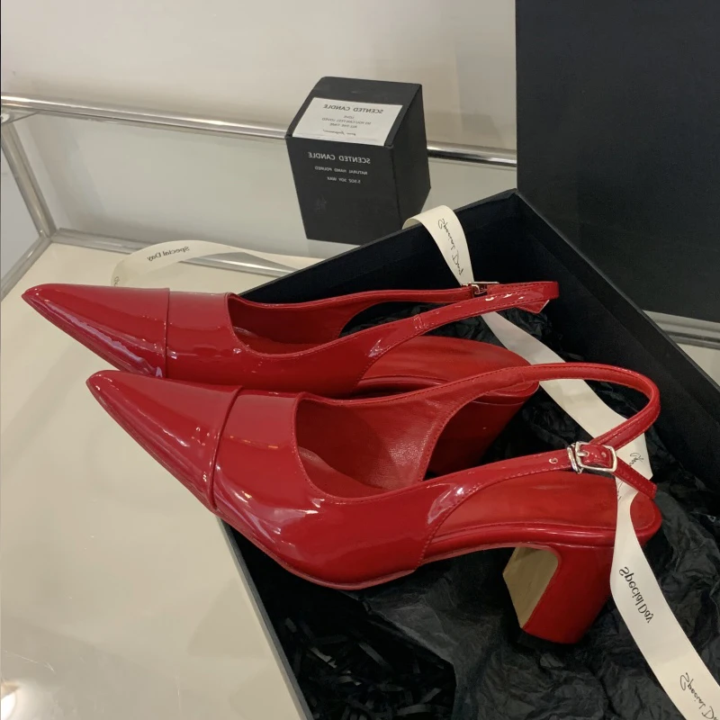 Women's Pointed Toe Patent Leather Slingback Buckle Closure Chunky Block Heel Pumps Elegant Party Casual Daily Footwear Gift