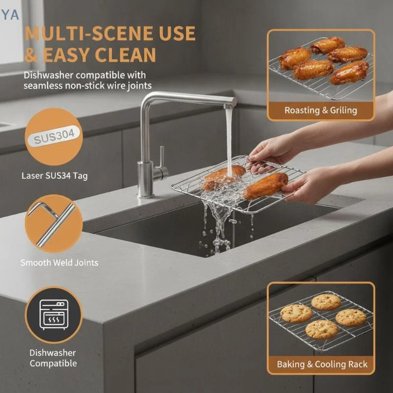 Square 304 Stainless Steel Cooking Rack Thickened Foot Grid Air Fryer Accessory for Grilling Drying Food Home Daily Use