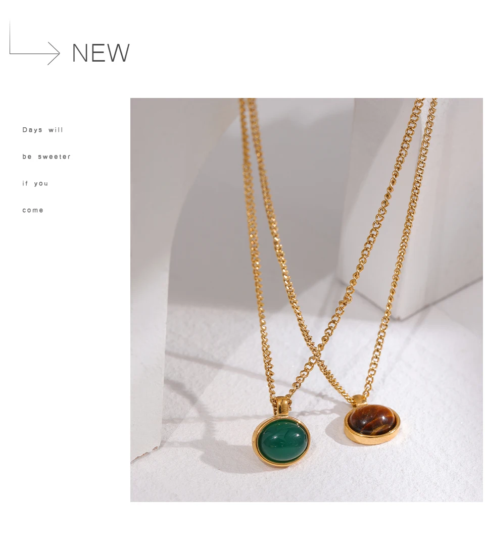 Yhpup Green Agate Tiger Stone Pendant Necklace for Women 316L Stainless Steel Gold Color Chain Collar Fashion Charm Jewelry