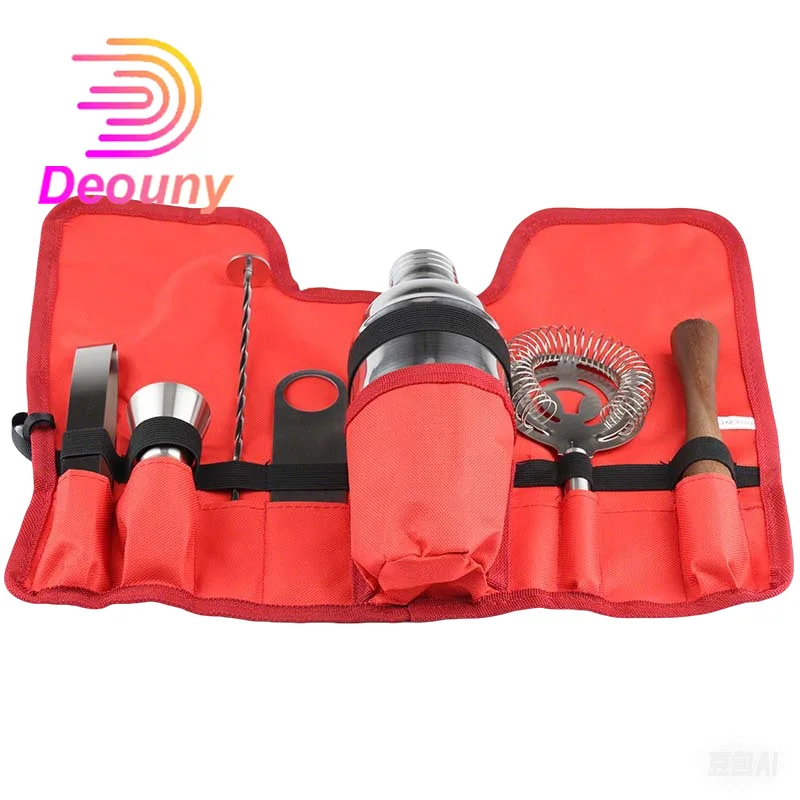 DEOUNY New 750ml Stainless Steel Barman Set Cocktail Shaker Bartender Tools With Red Cloth Bag 8PCS sets