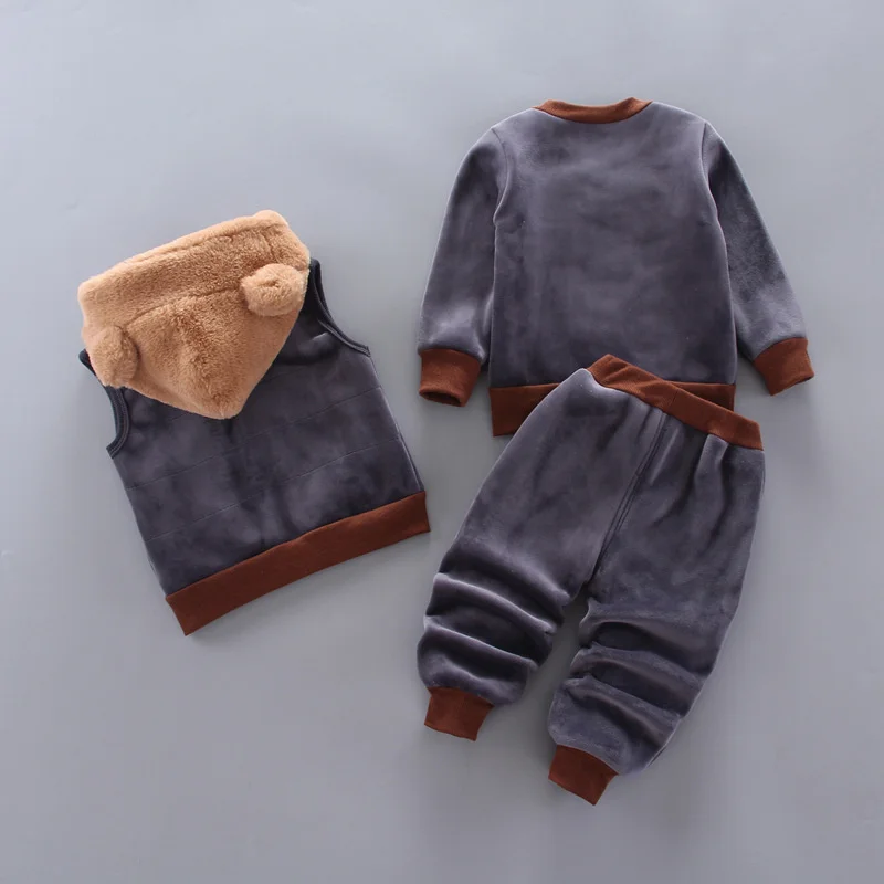 Boys Padded Velvet Sets Girls Warm Hooded Zip Three-Piece Autumn Winter New Children Bear Cute Casual Suit 12M-4 Years Old