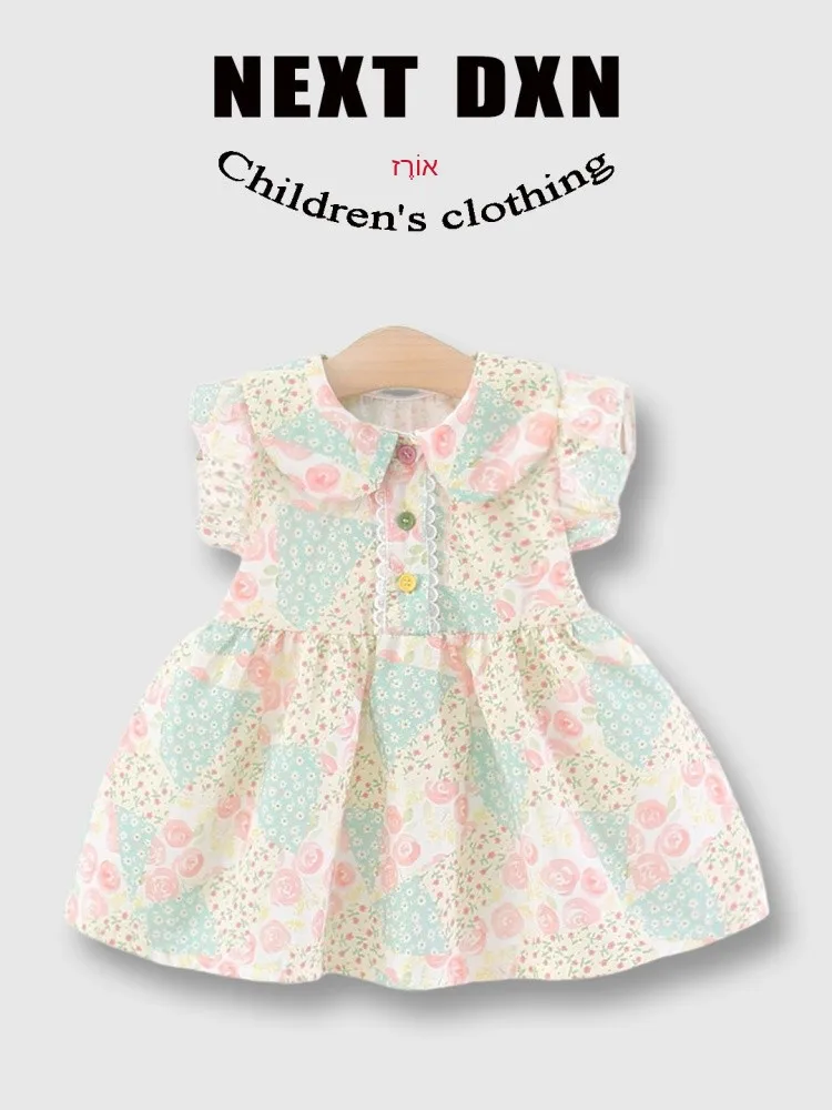 next-dxn-girls-short-sleeve-dress-summer-infant-children's-floral-pink-green-color-block-princess-dress-sweet-style-cotton-dress