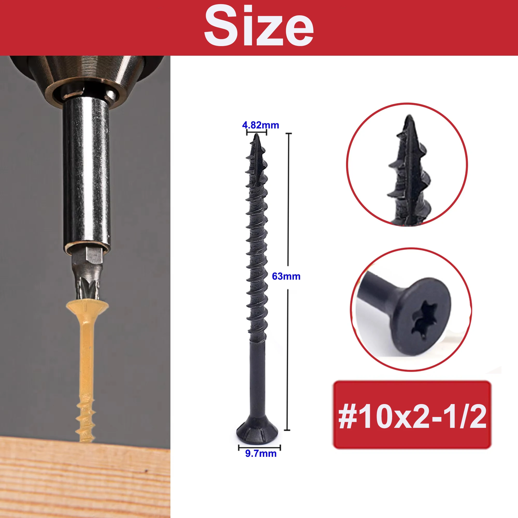 Weiyi 50/100 Stück Sechskant-Torx-Deckschrauben # 8 # 10 flache, rostbeständige, epoxidbeschichtete, selbstschneidende Holzbolzen in Bronze und Schwarz – Detail 10