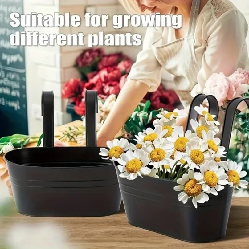 Iron Hanging Flower Pots Hanging Planters for Outdoor Plants Metal Railing Fence Planter with Drainage Holes and Hooks