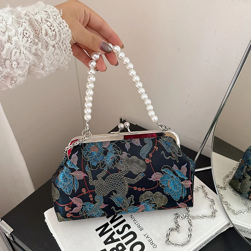 

New Luxury Bride Embroidery Evening Bag, Women Elegant Pearl-Strap Clutch Purse, Fashion Wedding Party Prom Handbag Shoulder Bag