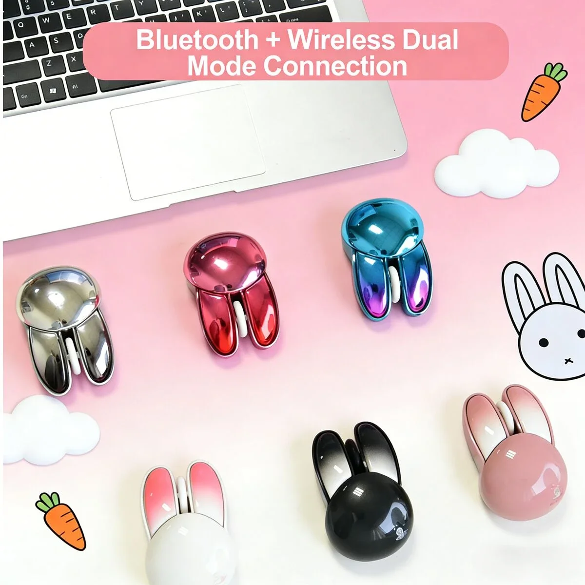 Kawaii Rabbit Ear 2.4G+Bluetooth Dual-Mode Mouse Lightweight Mute Ergonomic Plating Small Portable For PC Laptop Gift For Girls