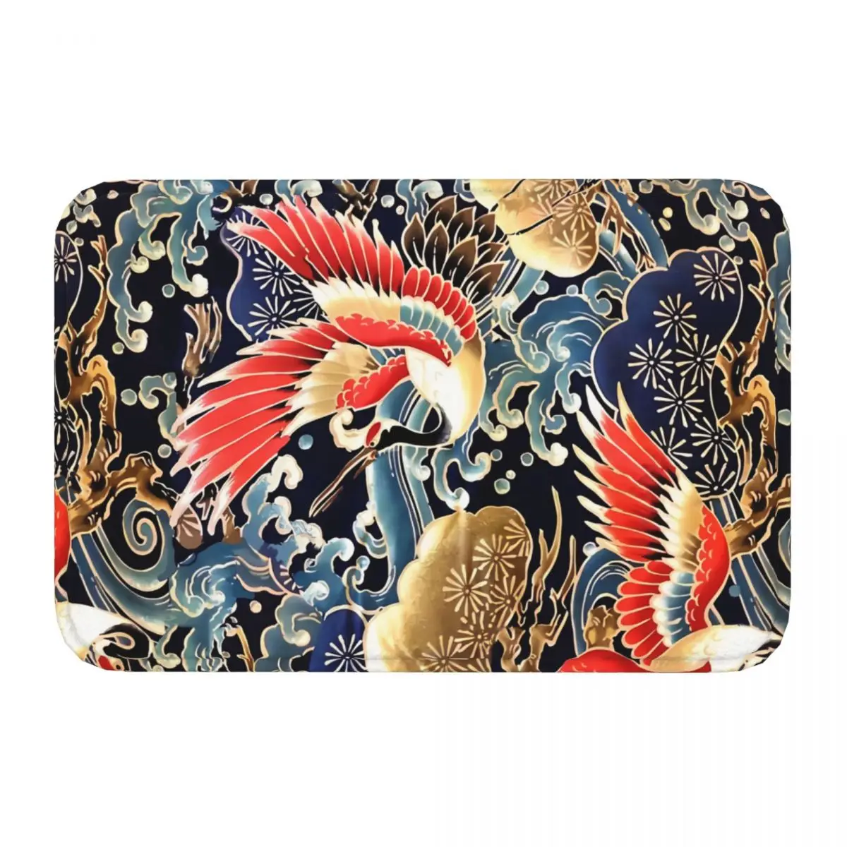 FLYING CRANES FLOWERS SEA WAVES RED NAVY BLUE FLORAL Meme Y2K Non-Slip Carpet Doormat Living Room Bathroom Mat Decor Rug