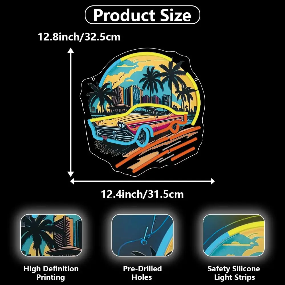 Sports Car Racing Neon Sign UV Print Dimmable Hawaiian Style LED Light Up for Wall Boys Girls Room Man Cave Garage Game Room